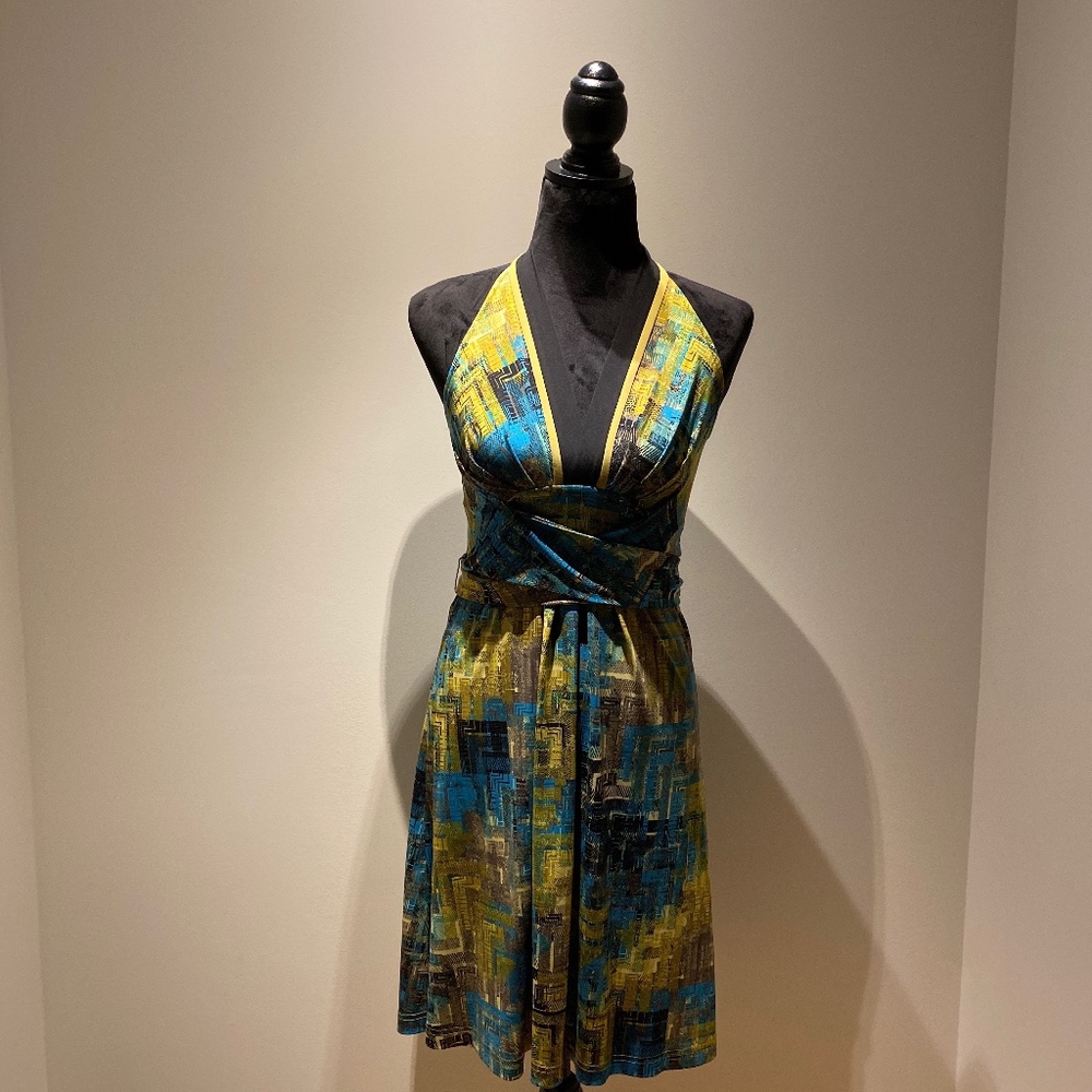 BCBG Vintage Patterned Halter Dress w. Wrap Waist